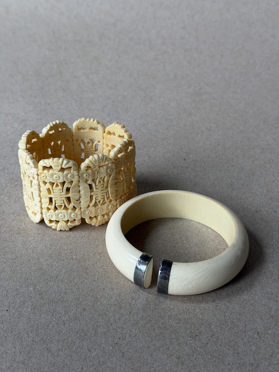 Vintage Carved Bone Bracelet Collection, Asian Motif Panel Cuff, Minimalist Silver Detail Bangle