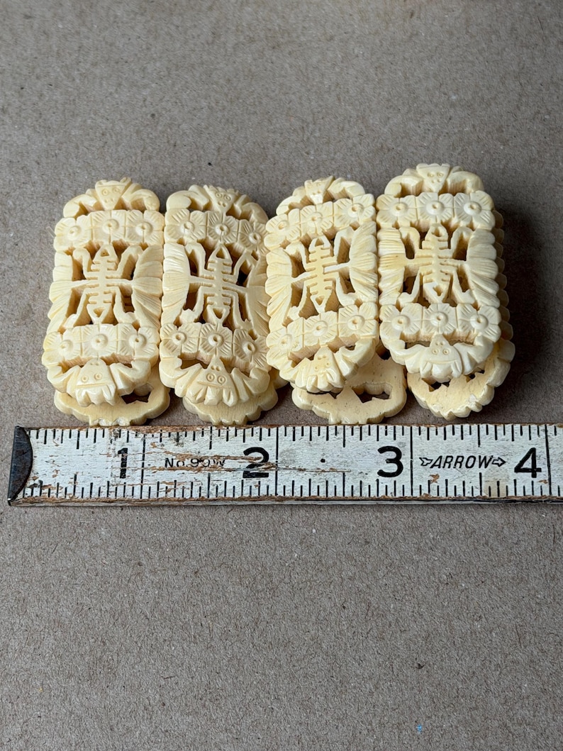 Vintage Carved Bone Bracelet Collection, Asian Motif Panel Cuff, Minimalist Silver Detail Bangle image 6