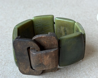 Bangle Bracelet with Mossy Green Stone-Like Links, Hand-Carved Wood Toggle