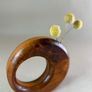 1980s Vintage Wood Donut Vase, Laminated Hardwood, Hand-Turned Bud Pot