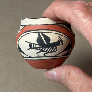 May include: A small, rounded ceramic pot featuring a cream-colored background with a hand-painted black insect graphic enclosed in an oval frame. The vessel is decorated with bold terracotta red bands and black geometric accents around the exterior.