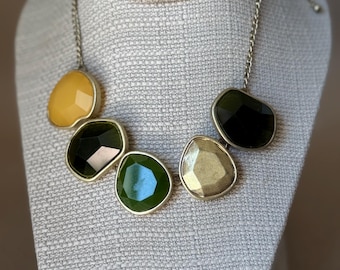 Vintage Earth Tone Gemstone Bib Necklace Chunky Olive Amber Brass Statement Jewelry