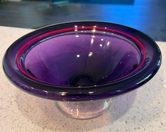 Jody Fine Signed Studio Art Glass Amethyst Bowl with Neon Red Rim 2000