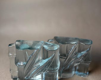 Blenko Glass Bamboo Bookends, Mid-Century Modern Textured Azure Blue Art Glass Pair