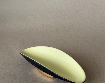 Ceramic Boat Dish with Dimpled Obsidian Exterior and Buttery Yellow Interior, West Germany
