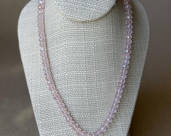 Necklace of faceted pink aurora borealis crystal beads with vintage barrel clasp, 20 inches