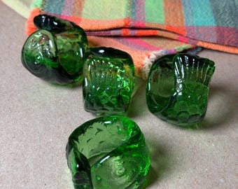 Fish Napkin Rings, Mid-Century Bottle Green Art Glass Figural Set of Four