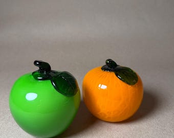 Glass Fruit Duo, Vibrant Lime Green Apple and Textured Orange Empoli Style Art Glass