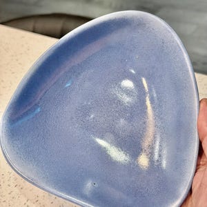 Vintage 1967 Mid Century Modern Blue Triangular Bowl Atomic Space Age Art Pottery