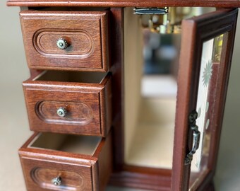 Vintage Wood Jewelry Box Miniature Armoire Cabinet Glass Door Three Drawers 1980s