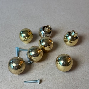 Vintage Brass Ball Cabinet Knobs, MCM Polished Brass Spherical Drawer Pulls Hardware