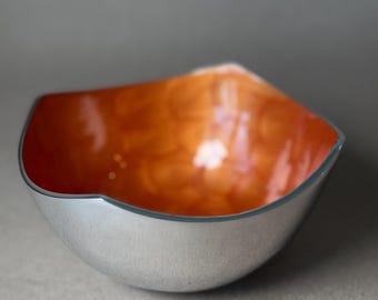 Enamel and aluminum bowl, bright orange scalloped interior, modern mid century style decor