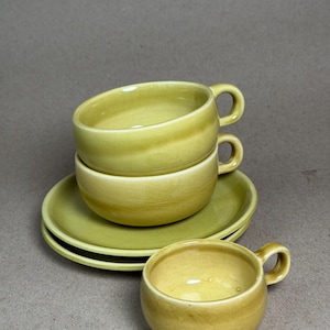 Russel Wright American Modern Chartreuse Green Cup and Saucer Set | Vintage Steubenville Pottery Mid Century Coffee Tea Demitasse Dinnerware