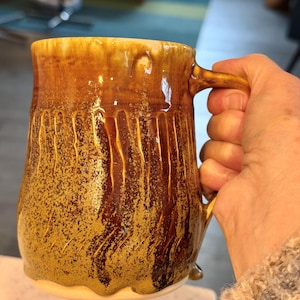 Earthy Drip Glaze Stoneware Coffee Mug with Thumb Rest, handcrafted studio pottery