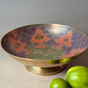 Vintage Hand Engraved Brass Bowl, Champleve Enamel India Pedestal Dish, Boho Decor