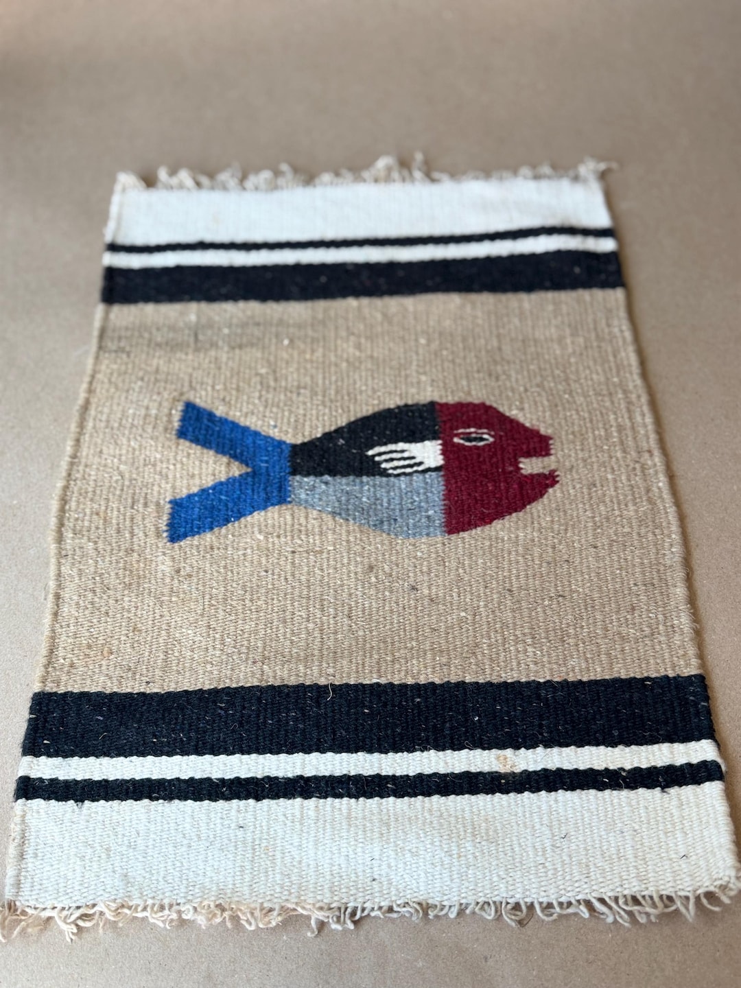 Woven Fish Textile, Hand-loomed Wool Folk Art Rug From PNW Estate ...