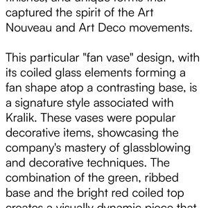 May include: Text describing a fan vase design with coiled glass elements forming a fan shape atop a contrasting base. The vase is a signature style associated with Kralik, showcasing glassblowing techniques. The green ribbed base and red coiled top create a dynamic piece.