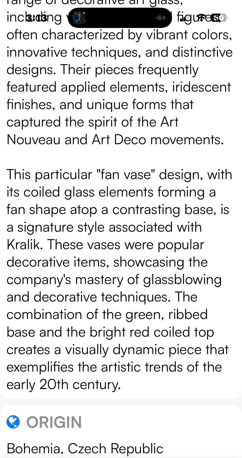 May include: Text describing a fan vase design with coiled glass elements forming a fan shape atop a contrasting base. The vase is a signature style associated with Kralik, showcasing glassblowing techniques. The green ribbed base and red coiled top create a dynamic piece.