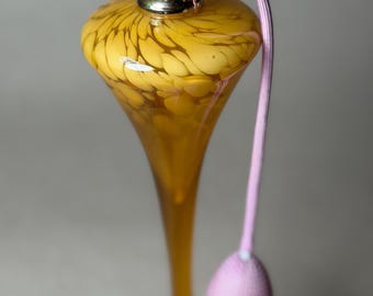 Vintage Amber Art Glass Perfume Bottle, Long Stem Tulip Atomizer with Pink Tassel
