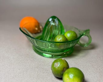 Citrus Juicer Reamer in Glowing Green Uranium Glass, Vintage Art Deco Kitchen Decor