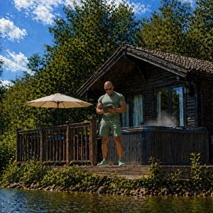 May include: A man in olive green athletic wear stands on a wooden deck next to a hot tub. The deck is part of a rustic cabin with a thatched roof, overlooking a lake. A beige umbrella provides shade. The sky is blue with fluffy clouds.