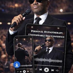 Könnte beinhalten: Ein Mann in einem schwarzen Anzug und Sonnenbrille hält ein Mikrofon, mit einem Tablet und Telefon, die den Text "PERSONAL HYPNOTHERAPY UNSTOPPABLE SELF CONFIDENCE" anzeigen. Das Telefon und das Tablet zeigen ein Video des Mannes beim Sprechen.