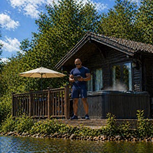 May include: A man in a navy blue t-shirt and shorts stands on a wooden deck, holding a tablet. A wooden cabin with a hot tub is in the background, with a beige umbrella and a lake in the foreground. The sky is blue with white clouds.