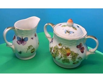 Vintage Lenwile Ardalt „Truskawki i motyle” Śmietanka i cukier, wysokość 3 cali