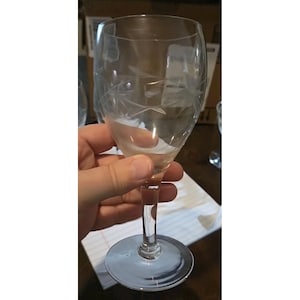 May include: A clear wine glass with etched floral designs. The glass has a long stem and a round base. The glass is being held by a person. The glass is empty.