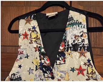 Kamizelka Looney Tunes OSFM Cream z 1994 roku z nadrukiem postaci z Hollywood Bugs Taz
