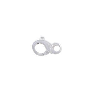 May include: A silver-colored lobster clasp, a jewelry component, is displayed against a white background. The clasp is in the shape of an infinity symbol, with a circular opening on one end and a small loop on the other.