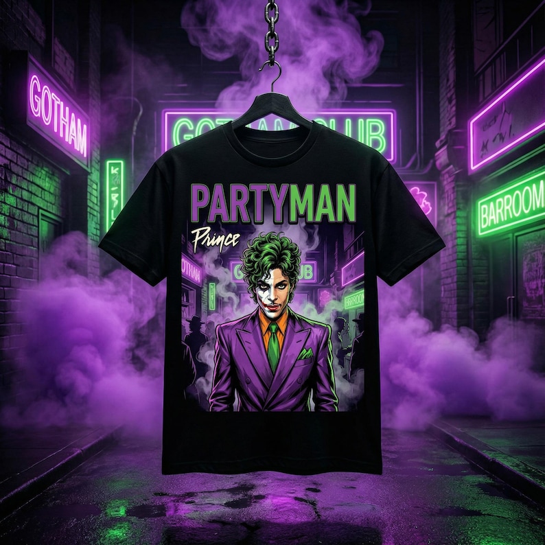 Prince Partyman Gotham-shirt Joker-stijl T-shirt afbeelding 1