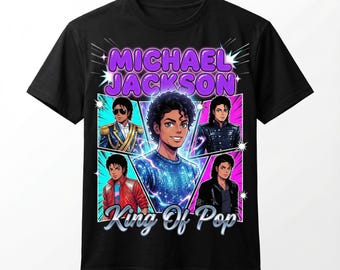May include: Black t-shirt featuring a graphic of Michael Jackson with the text "MICHAEL JACKSON" in purple and "King Of Pop" in white. The graphic includes multiple images of Michael Jackson in different outfits.