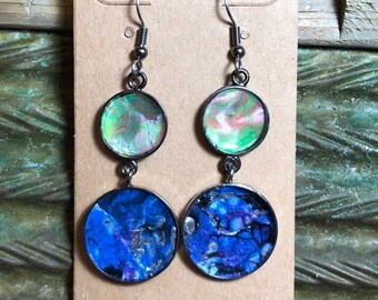 Bold Unusual Neon Unique art dangle drop earrings | Handmade fluid art acrylic poured gunmetal jewelry | Mixed Media bluish purple green