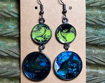 Bold Unusual Neon Unique art dangle drop earrings | Handmade fluid art acrylic poured gunmetal jewelry | Mixed Media  blue green black