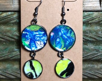 Bold Unusual Neon Unique art dangle drop earrings | Handmade fluid art acrylic poured gunmetal jewelry | Mixed Media blue yellow black