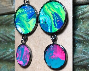 Bold Unusual Neon Unique art dangle drop earrings | Handmade fluid art acrylic poured gunmetal jewelry | Mixed Media green blue pink