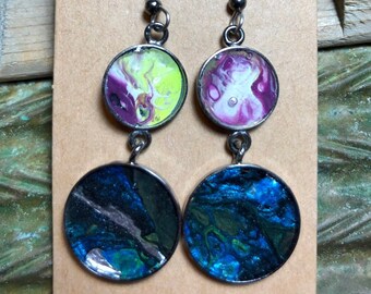 Bold Unusual Neon Unique art dangle drop earrings | Handmade fluid art acrylic poured gunmetal jewelry | Mixed Media navy purple black