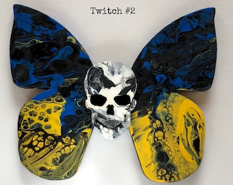 Twitch Butterfly Skullie Unique art piece skull butterfly | Handmade fluid art acrylic poured on masonite | Colorful Vibrant