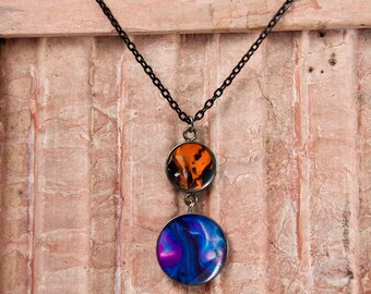 Violett Tiger lila orange einzigartige Doppel-Halskette | handgefertigte abstrakte Flüssigkeit Acryl Kunst Schmuck | Rotguss und schwarz oder Silber Kette