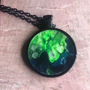 Ecto Neon Green  Black Silver unique art resin pendant necklace | handmade fluid abstract acrylic poured dirty pour jewelry