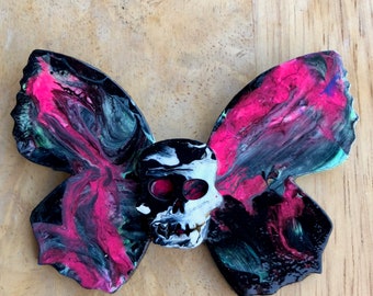 Roxy Butterfly Skullie Unique art piece skull butterfly | Handmade fluid art acrylic poured on masonite | Neon Colorful Vibrant