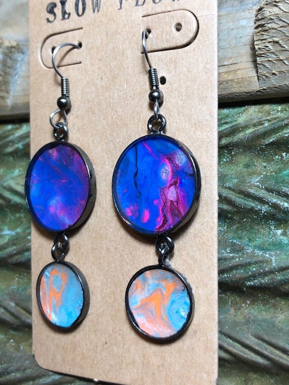 Bold Unusual Neon Unique Art Dangle Drop Earrings Handmade Fluid
