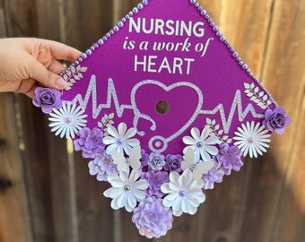 Purple Nursing Graduation Cap Topper | Glitter, Rhinestone, Floral Design| Ready to Ship Grad Cap Topper | Nursing Graduation Photo Prop