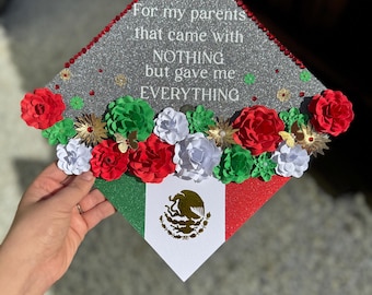Floral Mexico Flag Graduation Cap Topper | Glitter Cardstock, Rhinestones| Partial Rhinestone Grad Cap Topper| Ready To Ship Grad Cap Topper