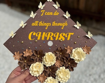 Brown Graduation Cap Topper 2026 | Bible Verse "I Can Do All Things Through Christ"| Graduation Gift | Senior Photo Prop| Ready to Ship
