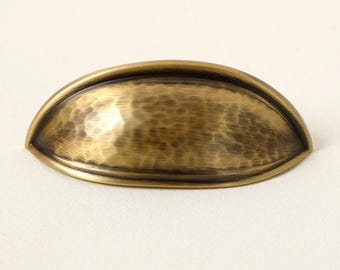 Hammered Brass Drawer Cup Pull, Luxury Kitchen Cabinet Handles, Aged Brass Cabinet Pull, Unique Cabinet Hardware, Farmhouse Kitchen Hardware