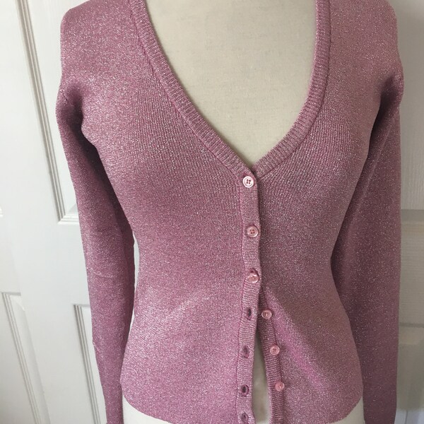 Betsy Johnson Raspberry Pink Sparkly Silver Thread Long Sleeve Sweater