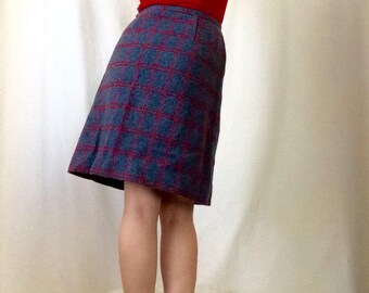 1960s Womens Wiggle Pencil Skirt Blue and Red Wool