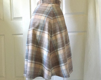 1970s Beige and Blue Wool Plaid Skirt by HR Roberts